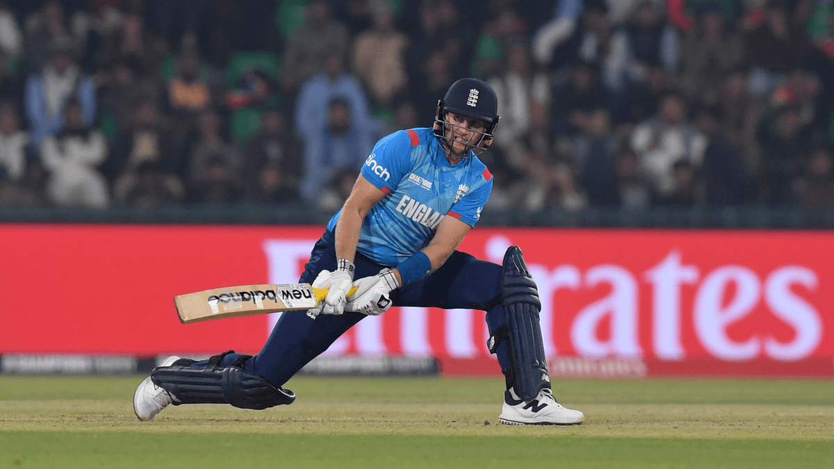 Joe Root plays a sweep shot during the 2025 Champions Trophy