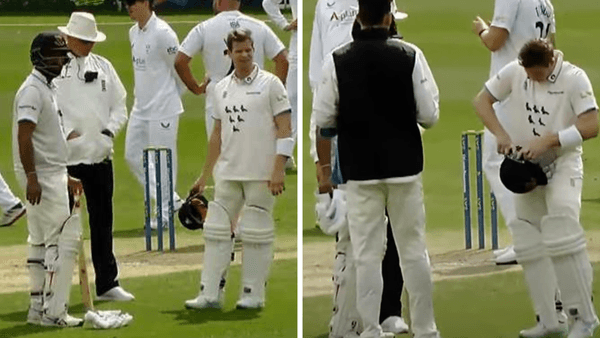 steve-smith-first-county-championship-innings-delayed-10-minutes-illegal-helmet-2023-sussex.Click to read full article.