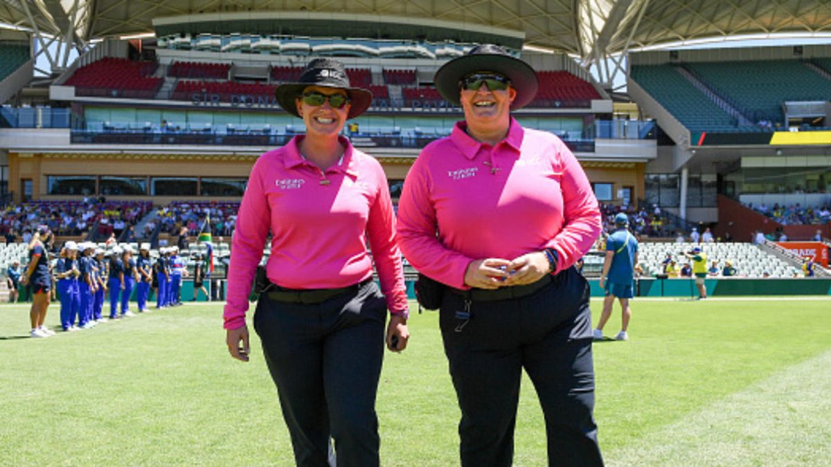 Umpire Claire Polosak and Umpire Sue Redfern head out during game one of the women's One Day International series between Australia and South Africa at Adelaide Oval on February 03, 2024 in Adelaide, Australia