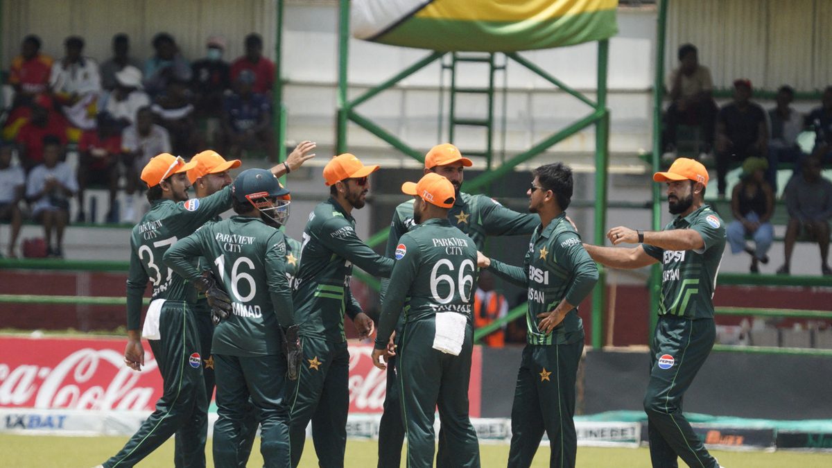 Pakistan players celebrate after taking a wicket during the second one day international cricket match between Zimbabwe and Pakistan at Queen's Sports Club in Bulawayo on November 26, 2024