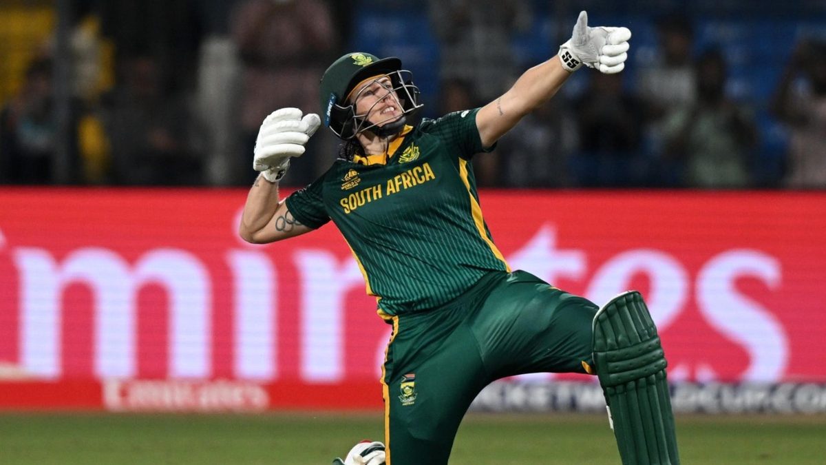 Tazmin Brits celebrates scoring a century in the 2025 Women's World Cup