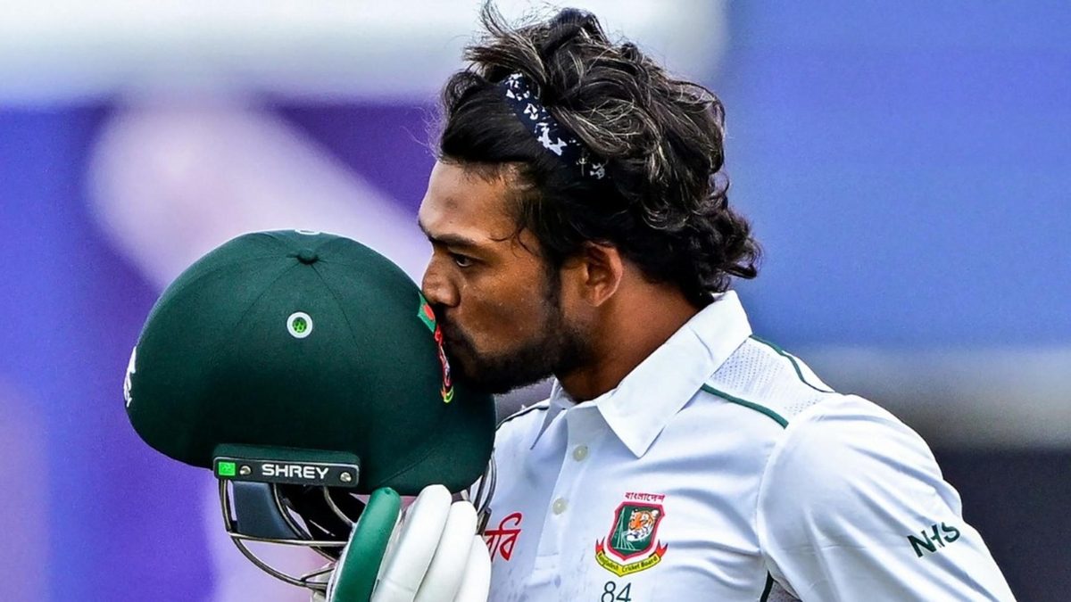 Najmul Hossain celebrates his century against Sri Lanka in Galle