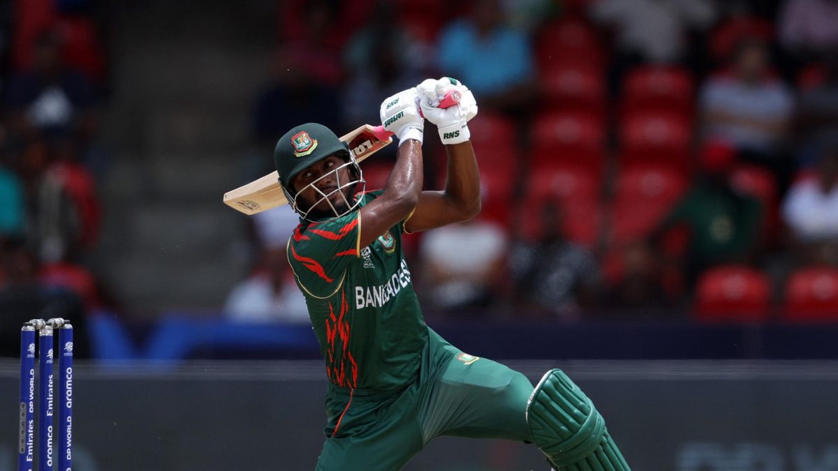 Jaker Ali of Bangladesh in action during the ICC Men's T20 Cricket World Cup West Indies & USA 2024 match between Bangladesh and Netherlands at Arnos Vale Ground on June 13, 2024 in St Vincent, Saint Vincent and The Grenadines