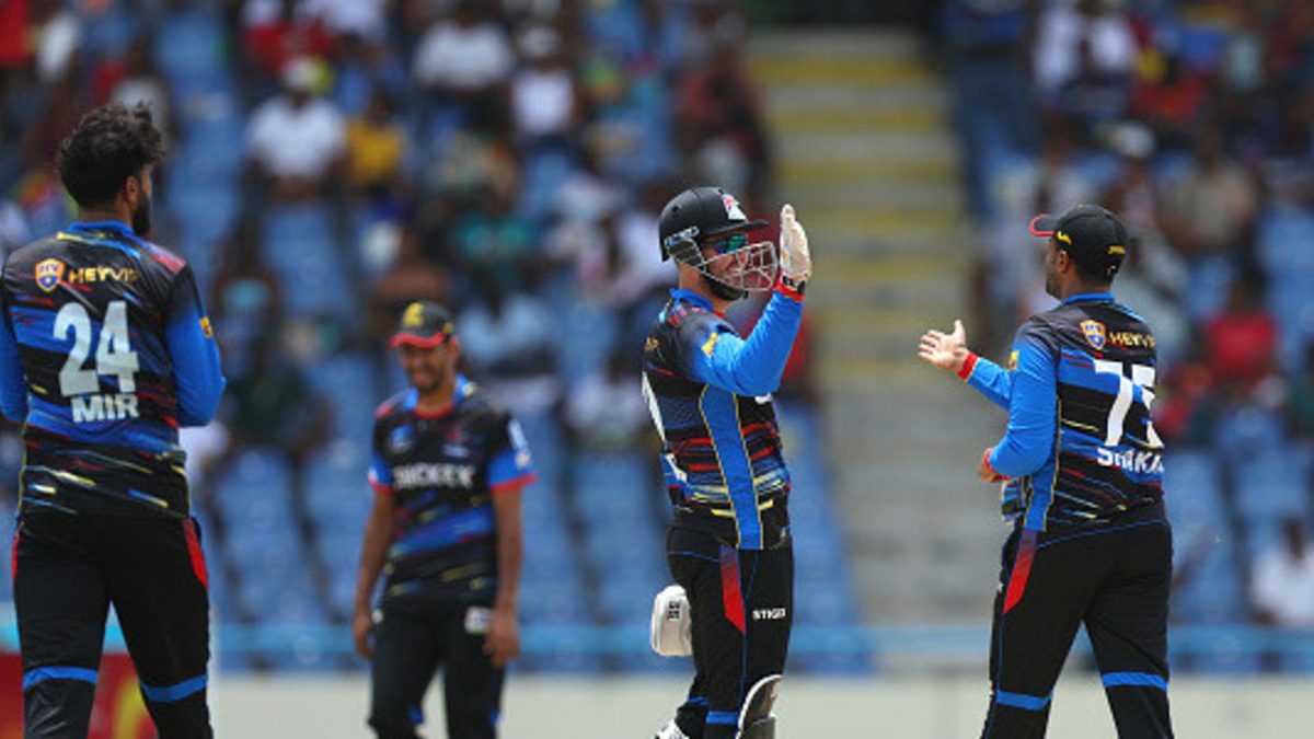 Shakib Al Hasan (R) of Antigua & Barbuda Falcons celebrates another wicket to his name during the Men's 2025 Republic Bank Caribbean Premier League match between Antigua & Barbuda Falcons v St Kitts & Nevis Patriot at Sir Vivian Richards Cricket Ground on August 24, 2025 in St John's, Antigua and Barbuda
