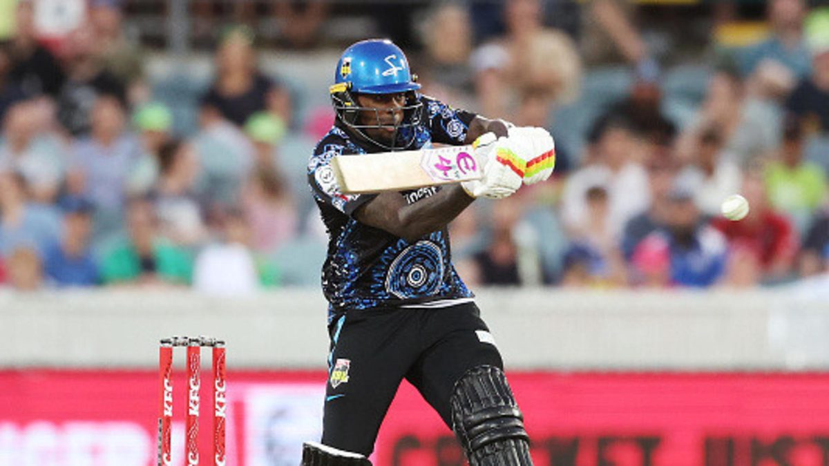 Fabian Allen of the Strikers bats during the BBL match between Sydney Thunder and Adelaide Strikers at Manuka Oval, on December 17, 2024, in Canberra, Australia