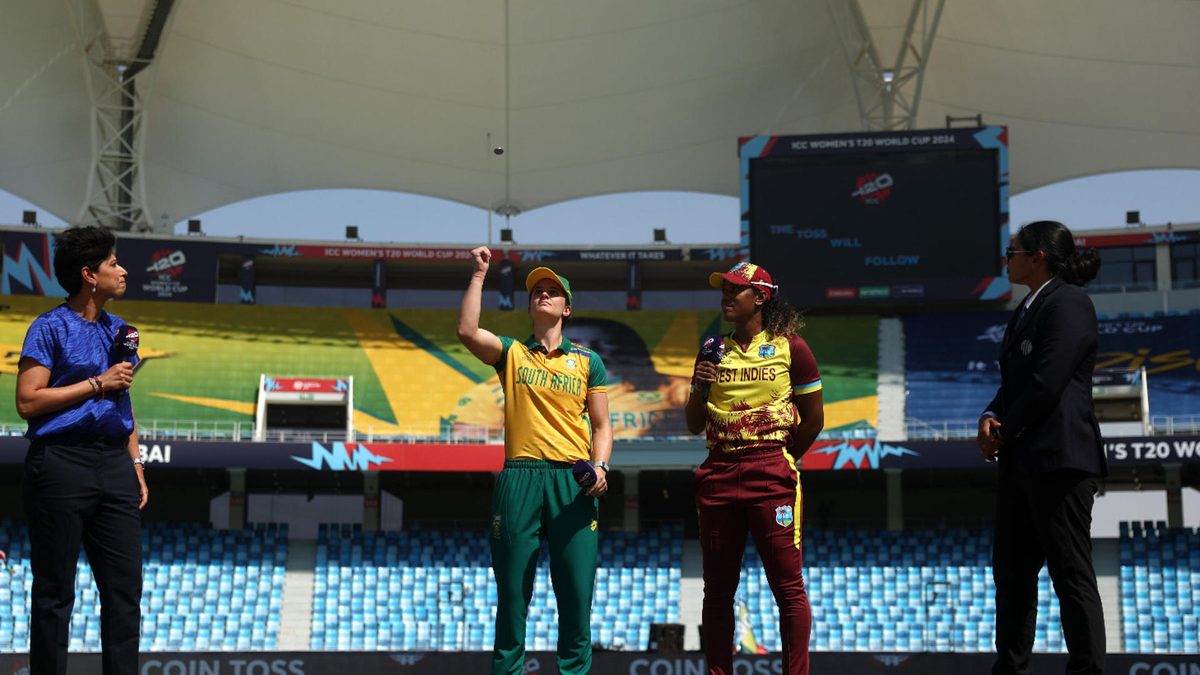 Hayley Matthews of West Indies looks on as Laura Wolvaardt of South Africa tosses the coin prior to the ICC Women's T20 World Cup 2024 match between South Africa and West Indies at Dubai International Stadium on October 04, 2024 in Dubai, United Arab Emirates