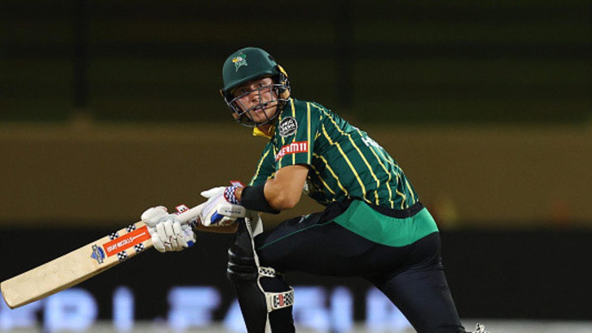 Curtis Heaphy of Central Stags plays a sweep shot during the ExxonMobil Guyana Global Super League T20 match between Hobart Hurricanes XI v Central Stags at Providence Stadium on July 15, 2025 in Georgetown, Guyana