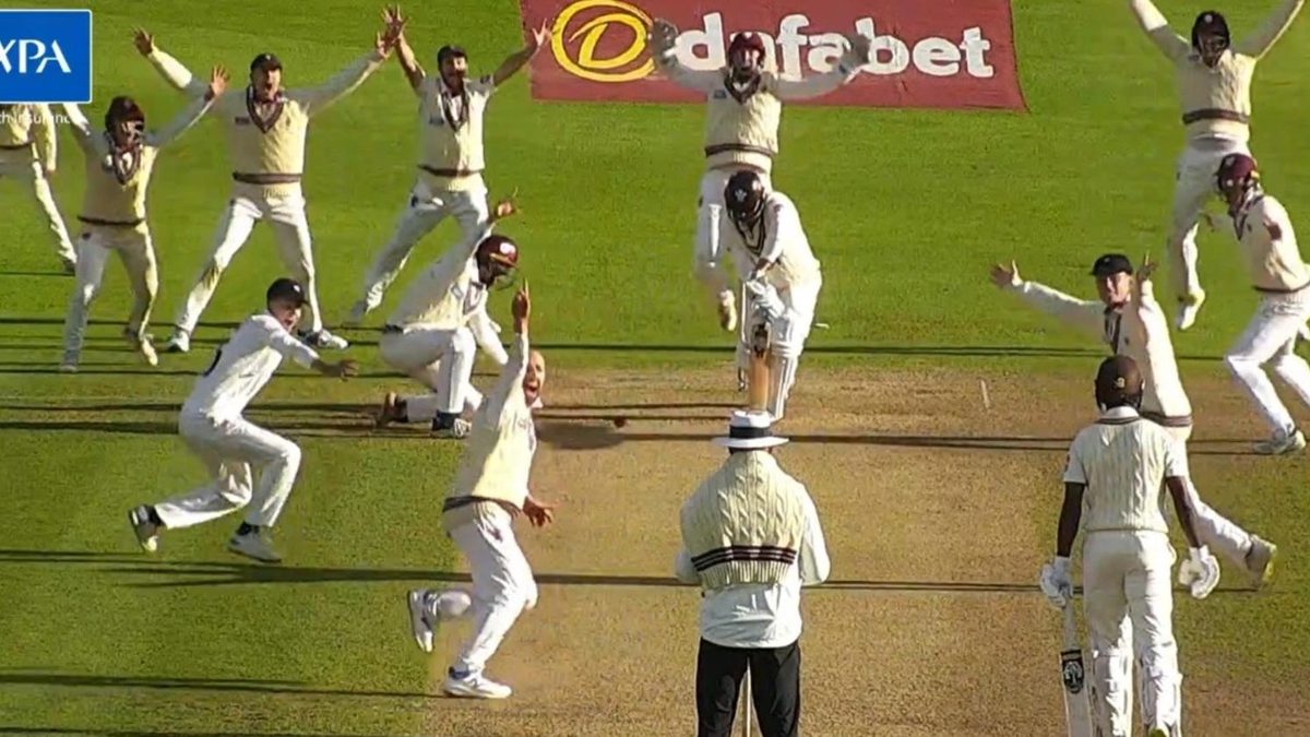 All 11 Somerset players appeal for the final Surrey wicket in the County Championship clash between the sides