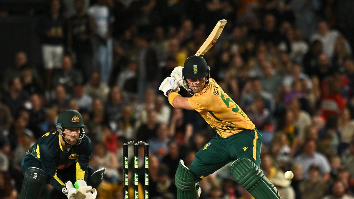 : Dewald Brevis of South Africa bats during game three of the Men's T20 International series between Australia and South Africa at Cazaly's Stadium on August 16, 2025 in Cairns, Australia