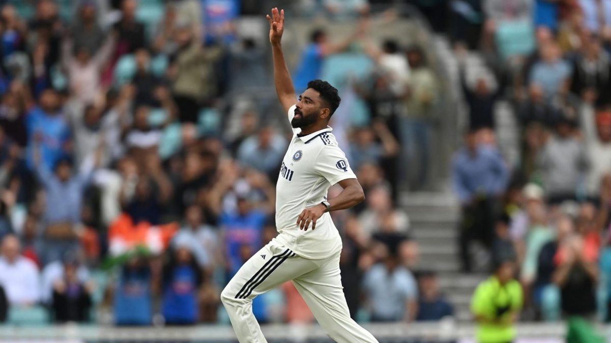 Mohammed Siraj wheels away in celebration after taking the final wicket at the Oval Test