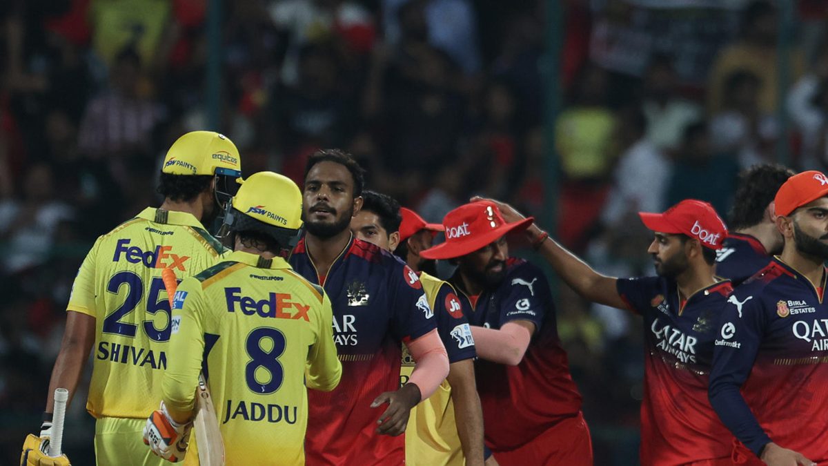 Royal Challengers Bengaluru team members celebrate their team's win over Chennai Super Kings during the 2025 IPL match between Royal Challengers Bengaluru and Chennai Super Kings at M Chinnaswamy Stadium on May 3, 2025, in Bengaluru, India