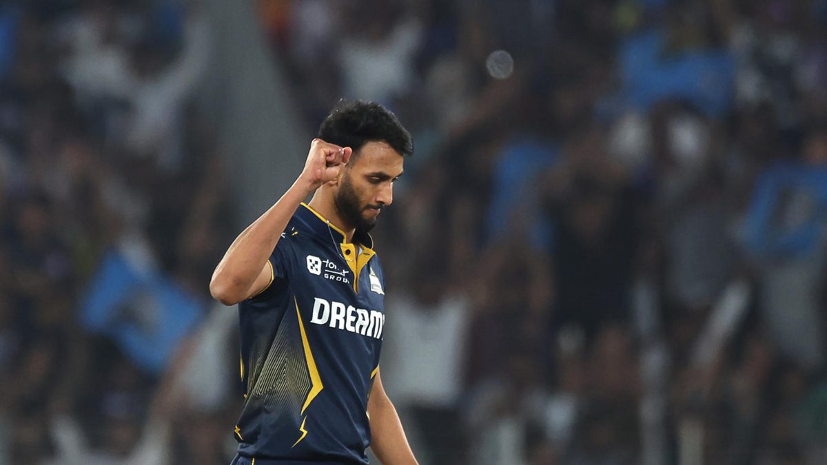 Prasidh Krishna of Gujrat Titans celebrates the wicket of Tilak Varma of Mumbai Indians during the 2025 IPL match between Gujarat Titans and Mumbai Indians at Narendra Modi Stadium on March 29, 2025, in Ahmedabad, India