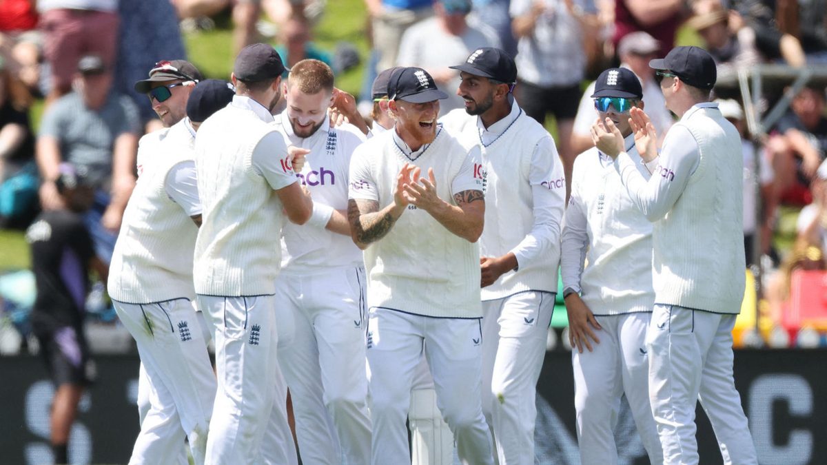 England players celebrate New Zealand's Tim Southee being caught with LBW ending the New Zealand innings on day two of the second Test cricket match between New Zealand and England at the Basin Reserve in Wellington on December 7, 2024