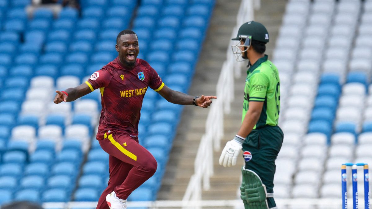 Jayden Seales (L) of West Indies celebrates the dismissal of Saim Ayub (R) of Pakistan during the second One Day International (ODI) cricket match between West Indies and Pakistan at Brian Lara Cricket Academy in Tarouba, San Fernando, Trinidad and Tobago on August 10, 2025