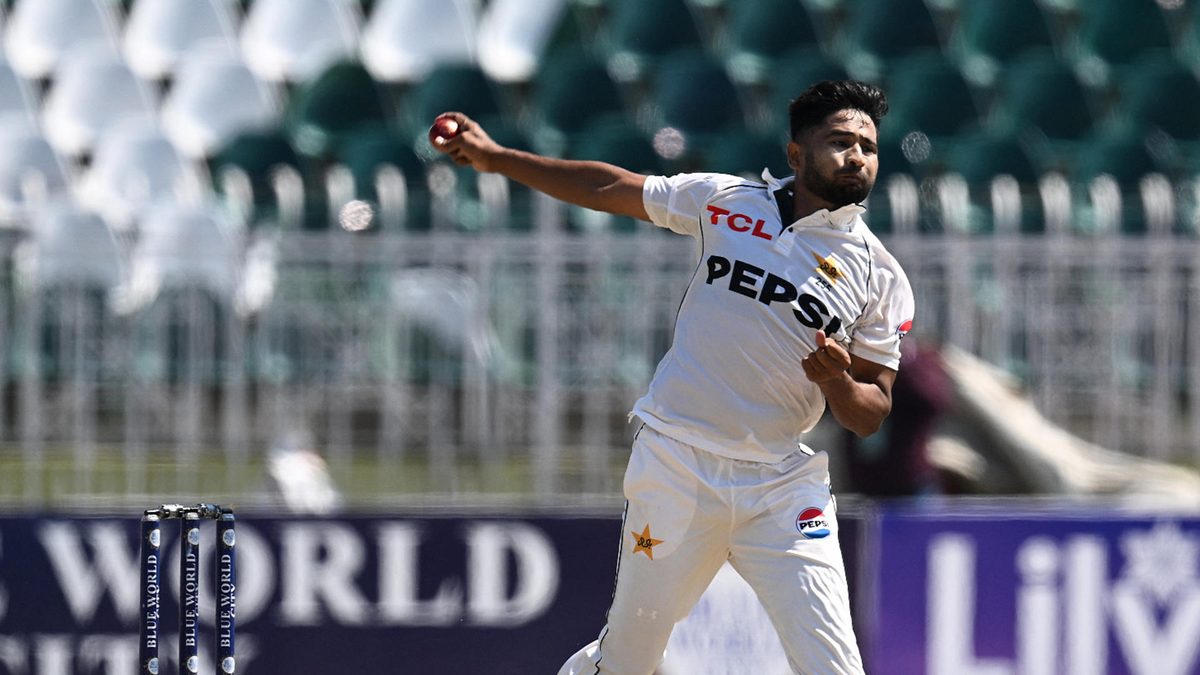 Pakistan's Khurram Shahzad bowls during the third day of the second and last Test cricket match between Pakistan and Bangladesh, at the Rawalpindi Cricket Stadium in Rawalpindi on September 1, 2024