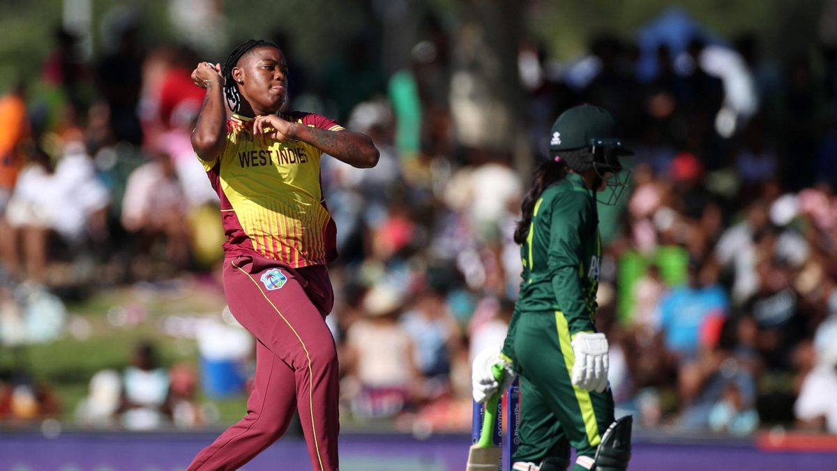 Chinelle Henry of West Indies in bowling action during the ICC Women's T20 World Cup group B match between Pakistan and West Indies at Boland Park on February 19, 2023 in Paarl, South Africa