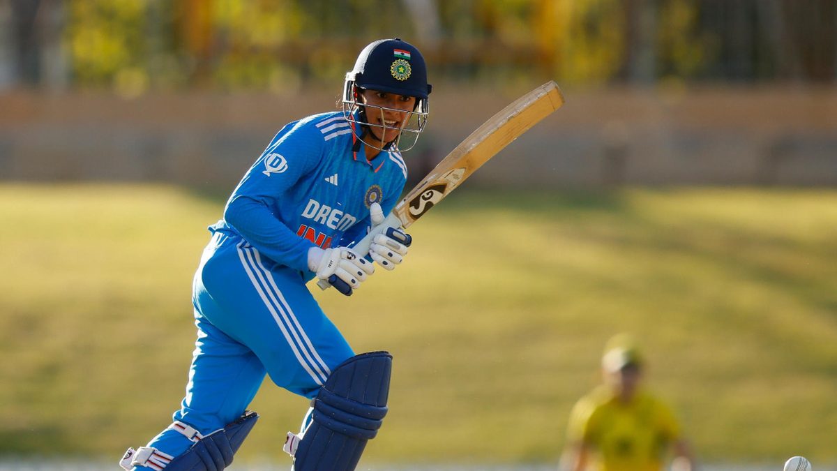 Smriti Mandhana of India watches the ball after her shot during game three of the Women's ODI Series between Australia and India at WACA on December 11, 2024 in Perth, Australia