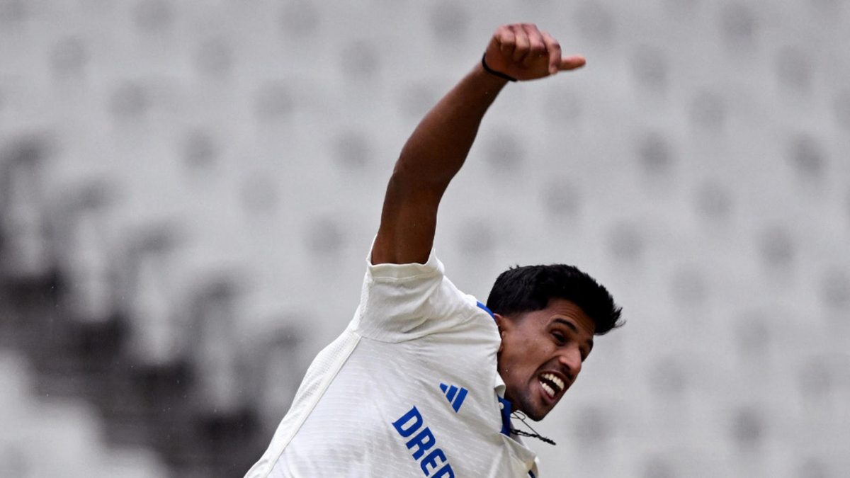 Tanush Kotian of India A bowls during the game between Australia A and India A at Melbourne Cricket Ground on November 08, 2024 in Melbourne, Australia