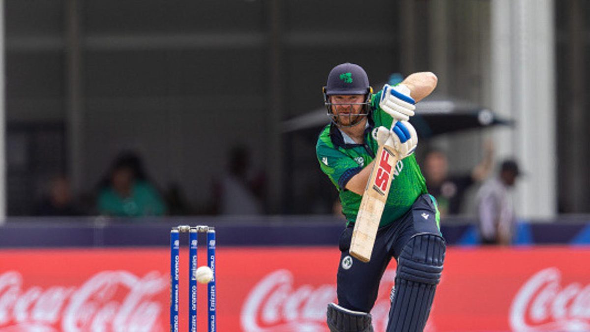 Paul Stirling of Ireland defends his wicket during the ICC Men´s T20 Cricket World Cup West Indies & USA 2024 match between Pakistan and Ireland at on June 16, 2024 in Lauderhill, Florida