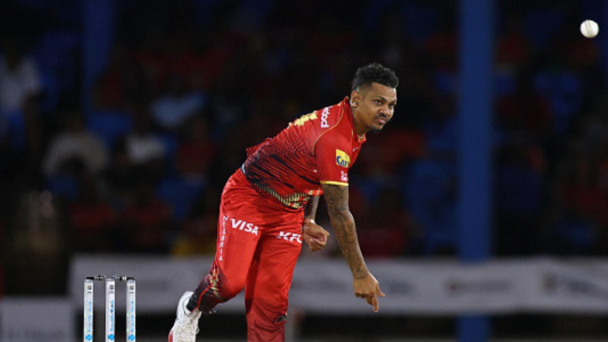 Sunil Narine of Trinbago Knight Riders bowls during the Men's 2024 Republic Bank Caribbean Premier League match between Trinbago Knight Riders and Antigua & Barbuda Falcons at Queen's Park Oval on September 19, 2024 in Port of Spain, Trinidad And Tobago