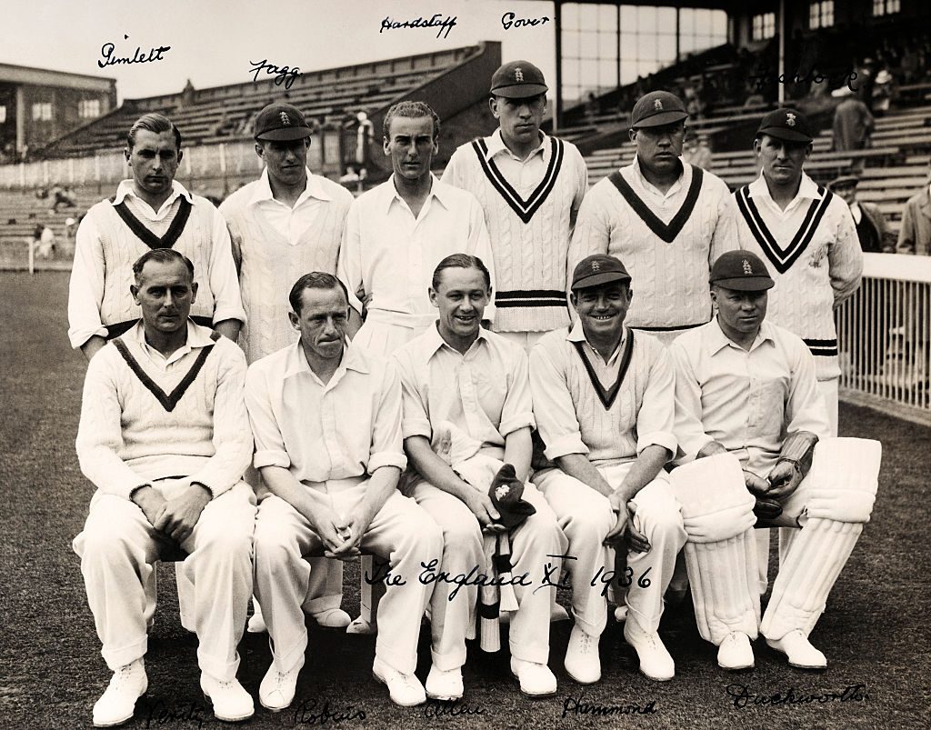 Hedly Verity, first on the left in the front row, with the England side ahead of a Test against All India XI in Manchester