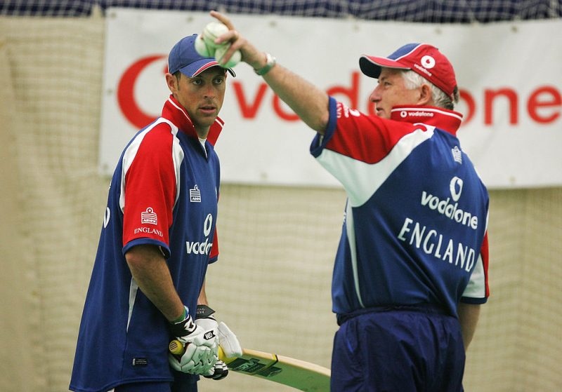 Trescothick with then England coach Duncan Fletcher during a nets session at the Brit Oval in 2005