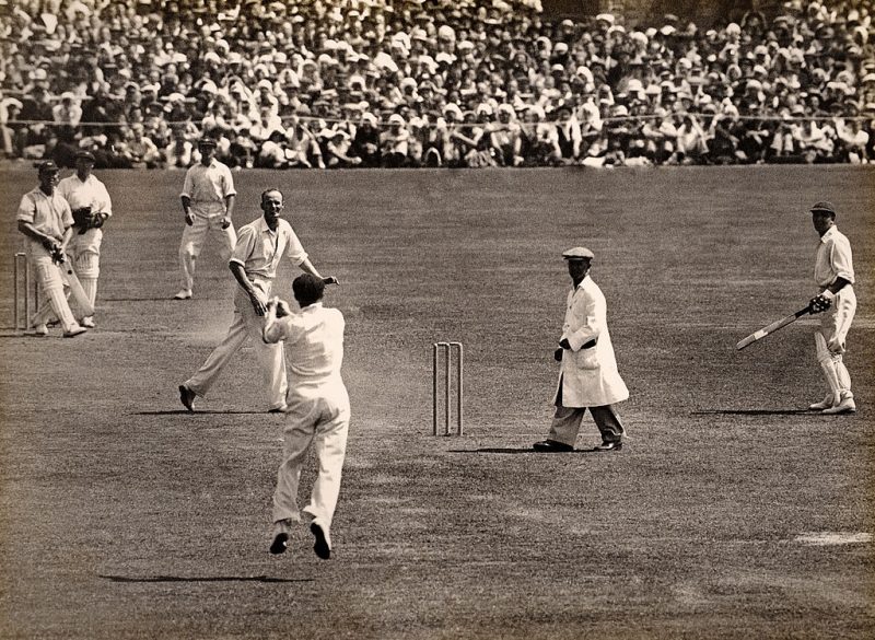 A wicket for Australia as England batsman Maurice Leyland is out
