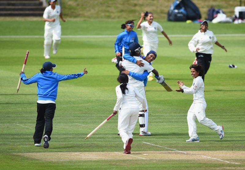 India Women celebrate the win in the one-off Test