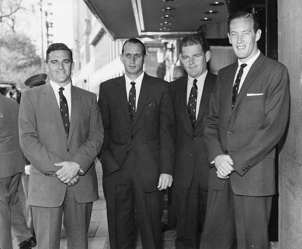 (From L-R) Atholl McKinnon, Hugh Tayfield, Jonathan Fellows-Smith and Neil Adcock in London during South Africa's tour in 1960